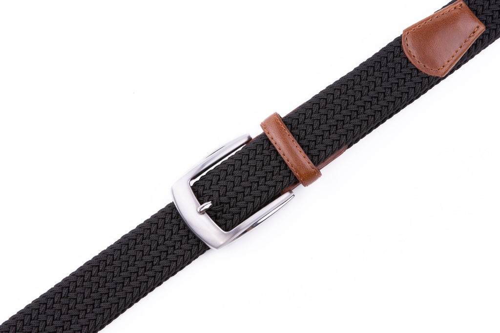 Woven Elastic Leather Trim Single Prong Buckle Men's Belt LA1197