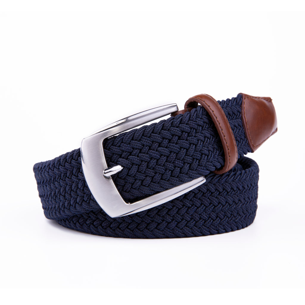 Woven Elastic Leather Trim Single Prong Buckle Men's Belt LA1197