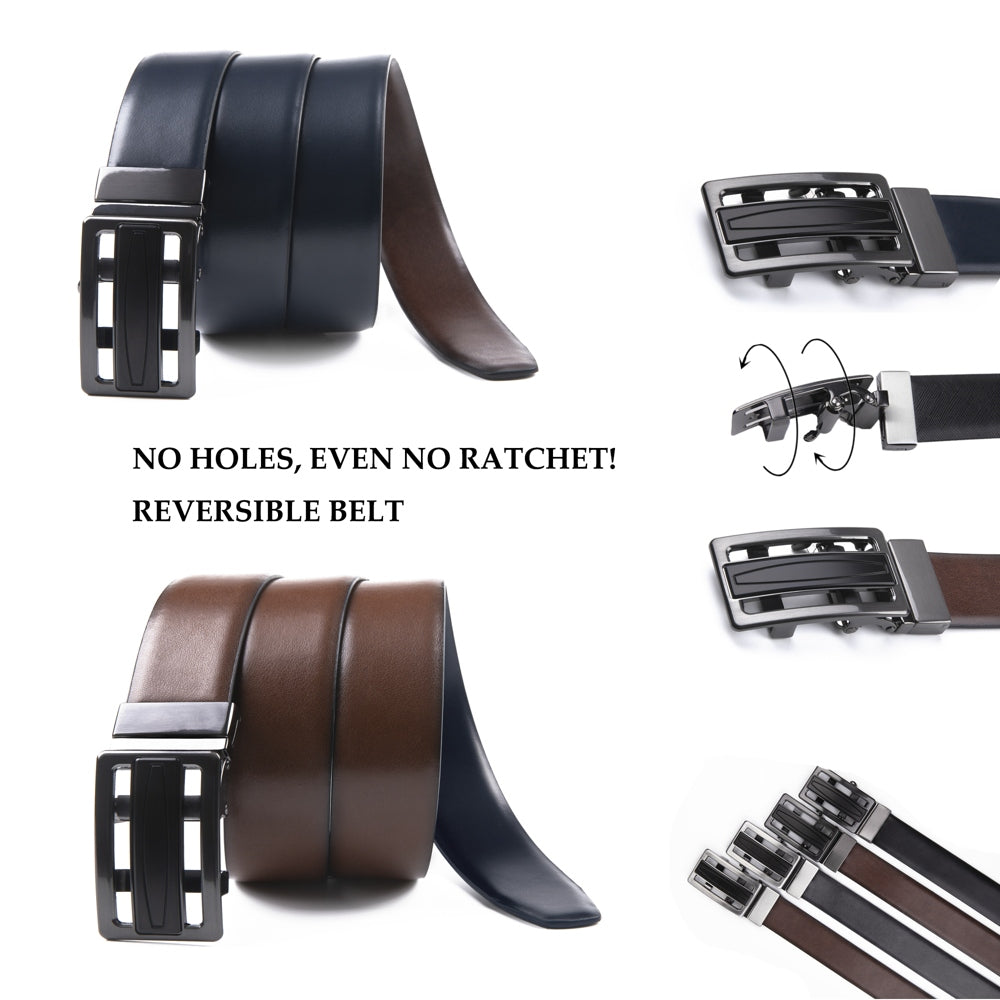 Reversible No-Ratchet Automatic Buckle Business Leather Belt for Men