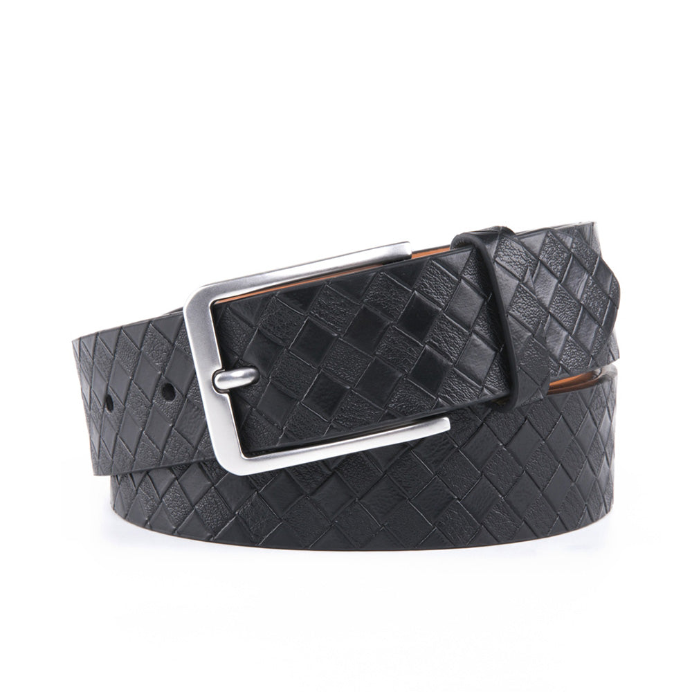 Men's Embossed Basketweave Leather Belt – Classic Pin Buckle Casual Belt