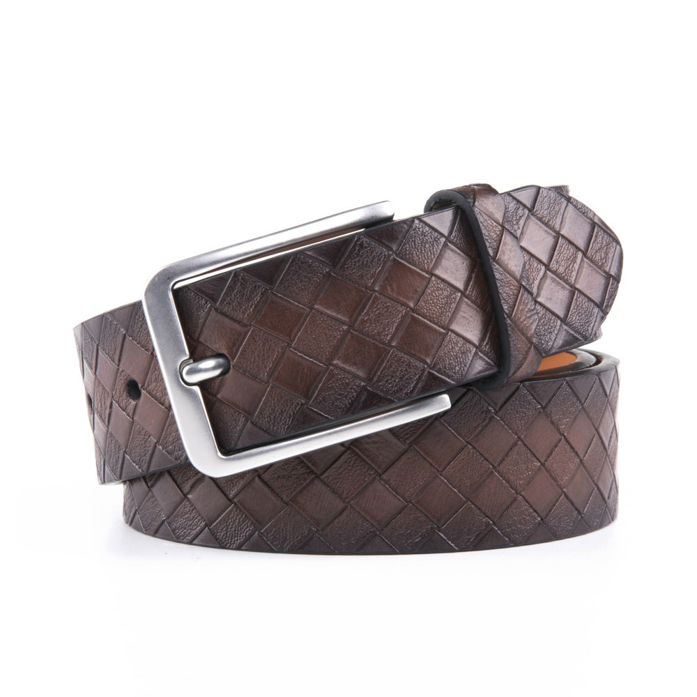 Men's Embossed Basketweave Leather Belt – Classic Pin Buckle Casual Belt