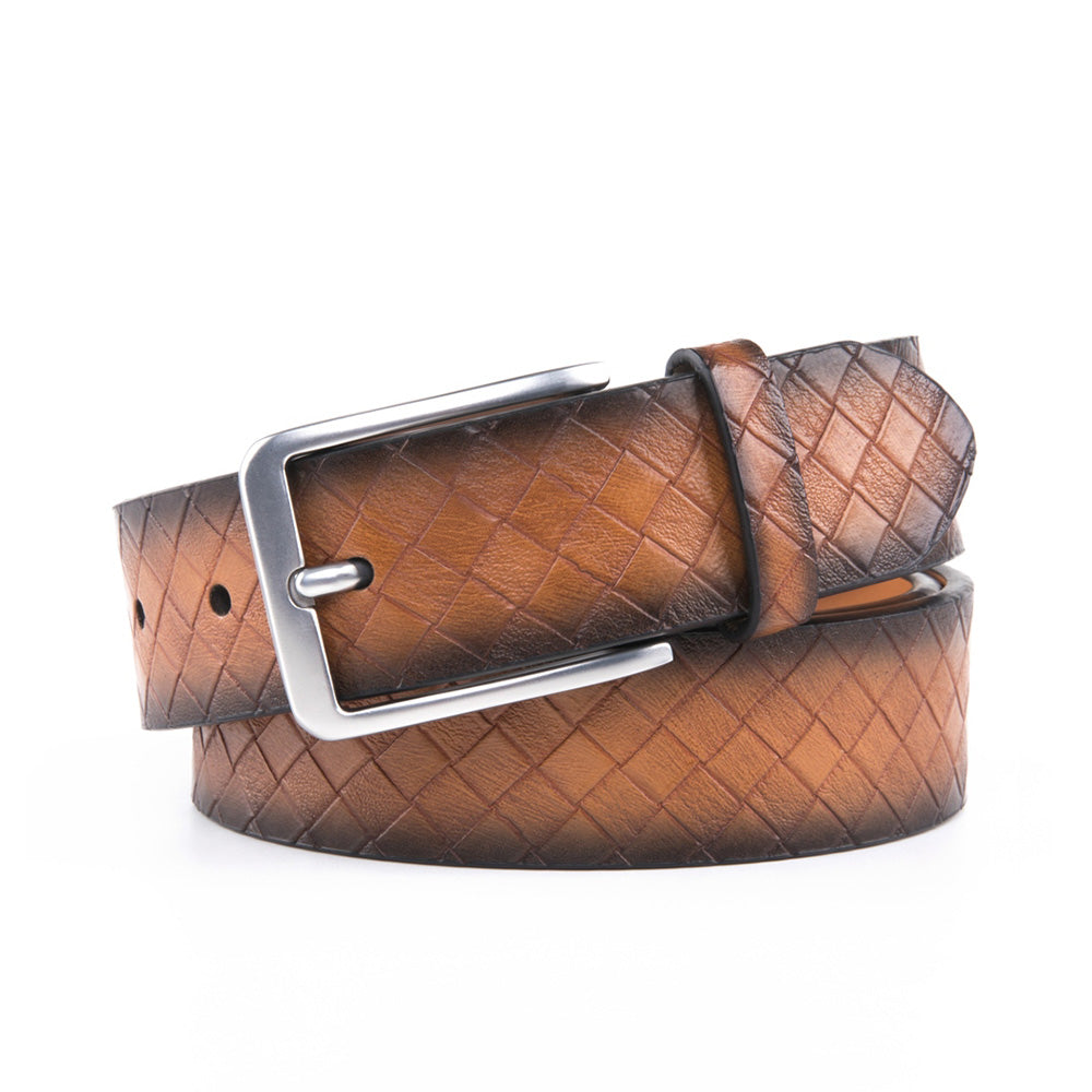 Men's Embossed Basketweave Leather Belt – Classic Pin Buckle Casual Belt
