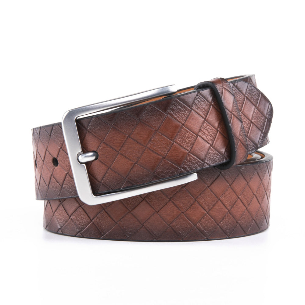 Men's Embossed Basketweave Leather Belt – Classic Pin Buckle Casual Belt