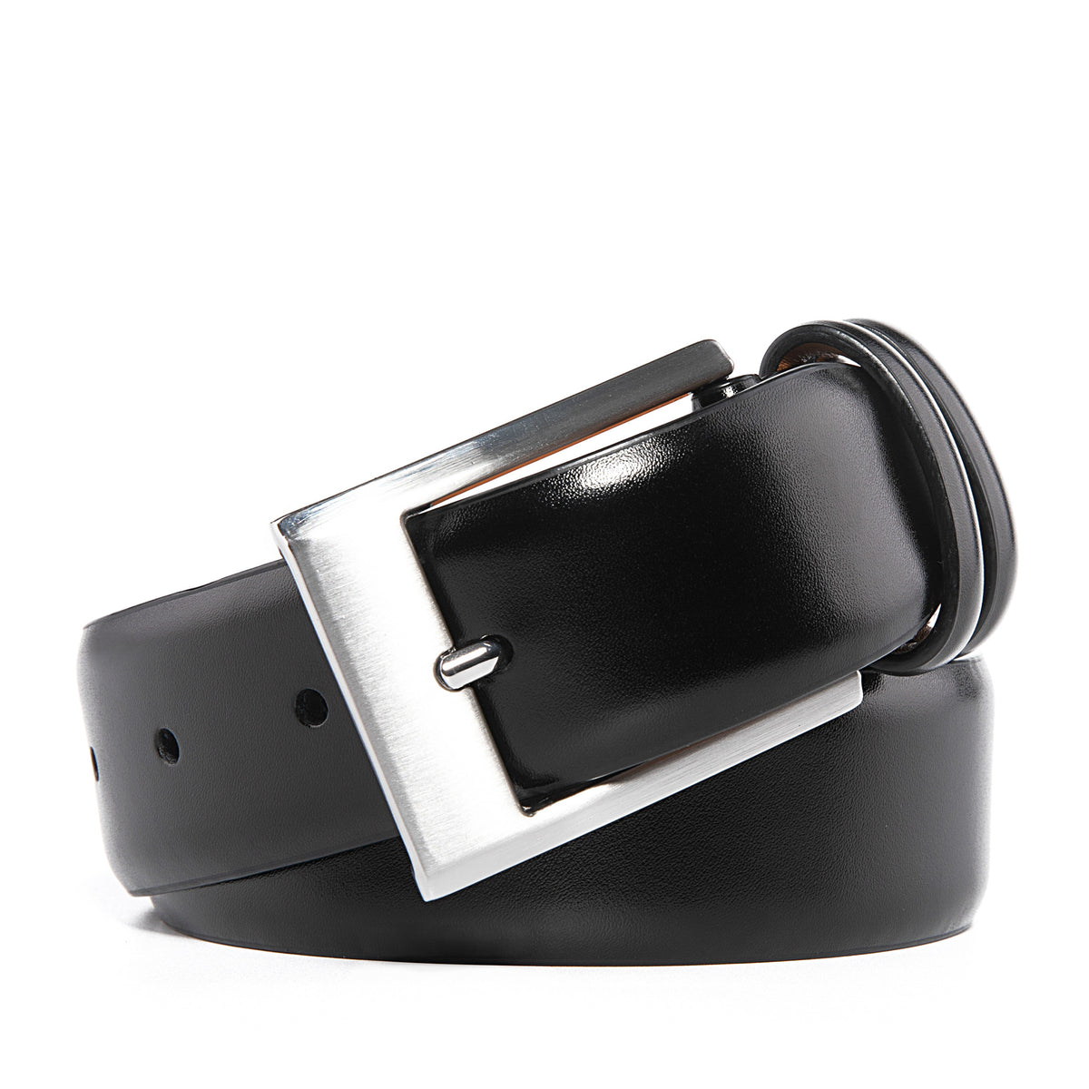 Black leather belt coiled with a brushed nickel pin buckle and two keeper loops Main image