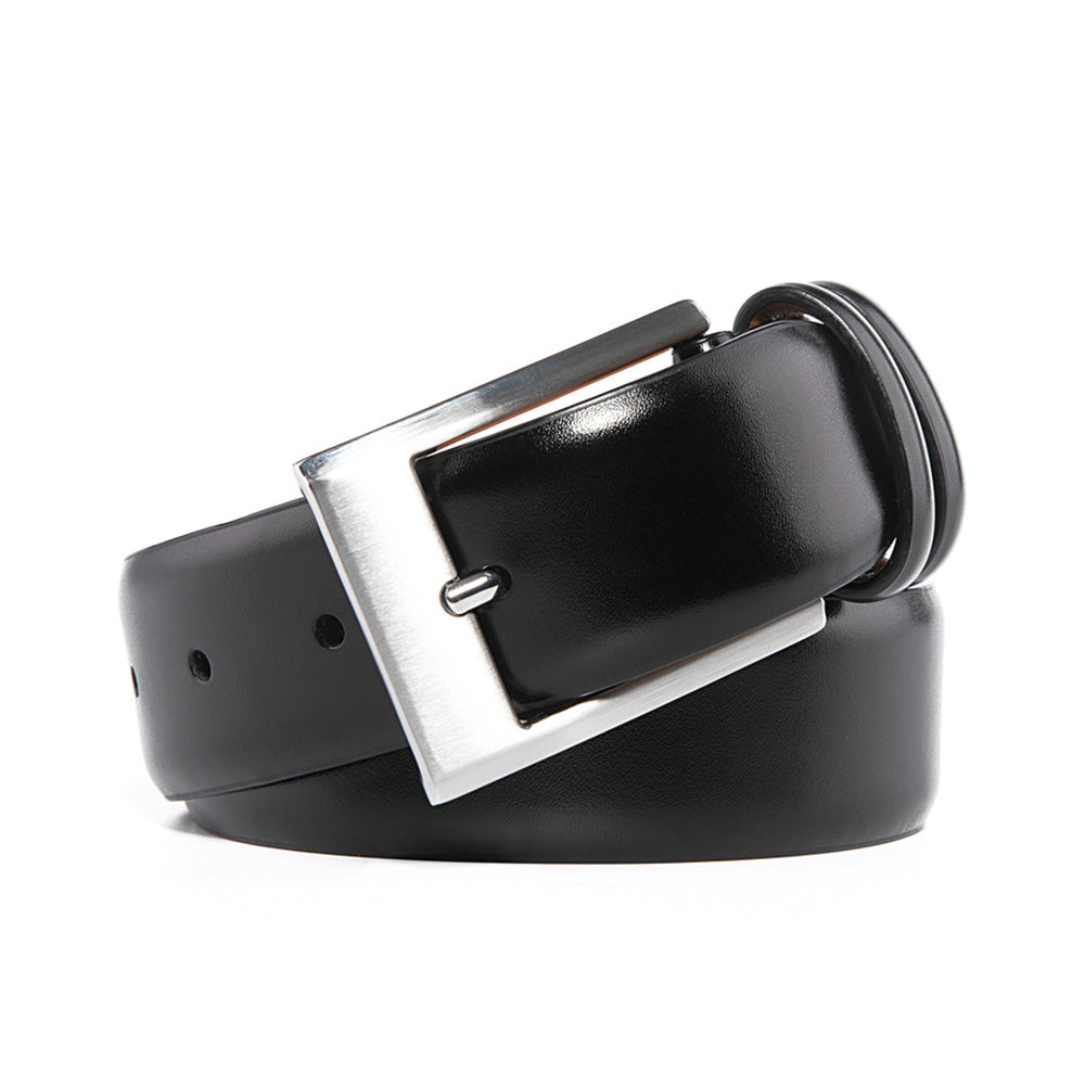 Men's Classic Leather Dress Belt – Brushed Nickel Pin Buckle Business Casual Belt
