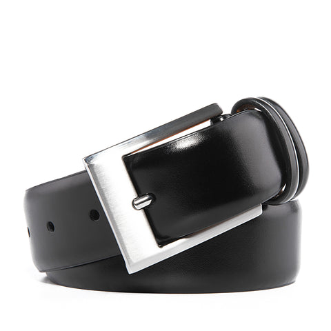 Black leather belt coiled with a brushed nickel pin buckle and two keeper loops