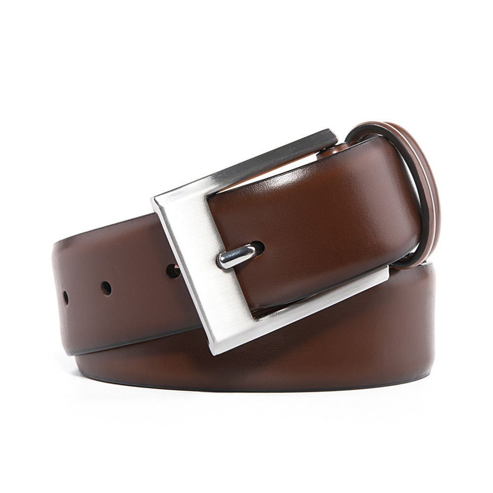 Men's Classic Leather Dress Belt – Brushed Nickel Pin Buckle Business Casual Belt