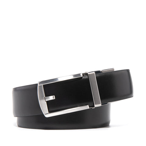 Black belt coiled horizontally with a silver rectangular buckle across the front