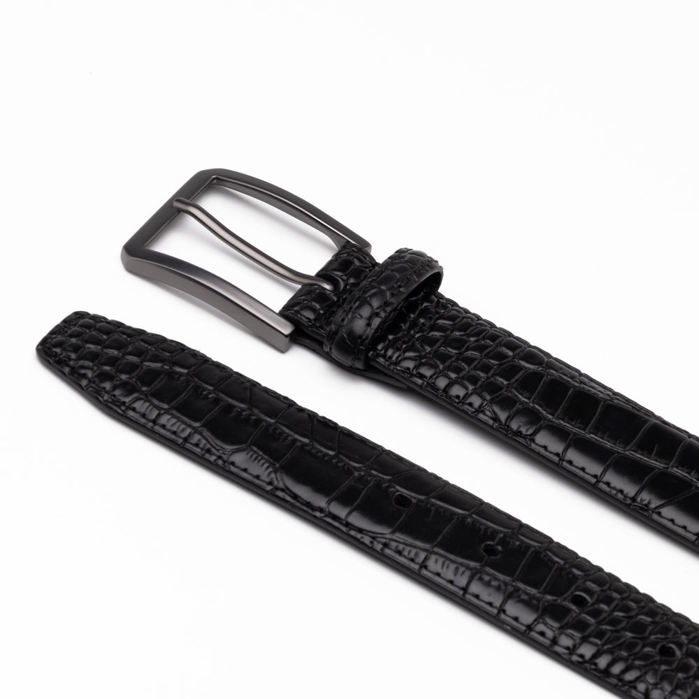 Crocodile Texture Matte Gunmetal Pin Buckle Men's Belt