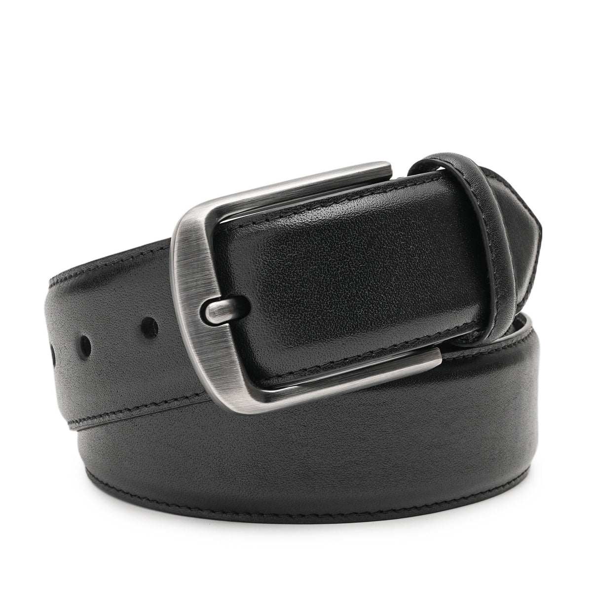 Coiled black belt showing the buckle frame, tongue, painted edge, and adjustment holes Main image