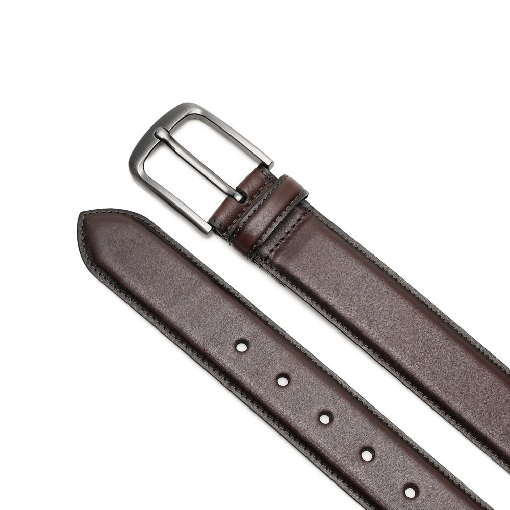 Classic Double-Stitch Full-Grain Leather Single Prong Buckle Men's Belt