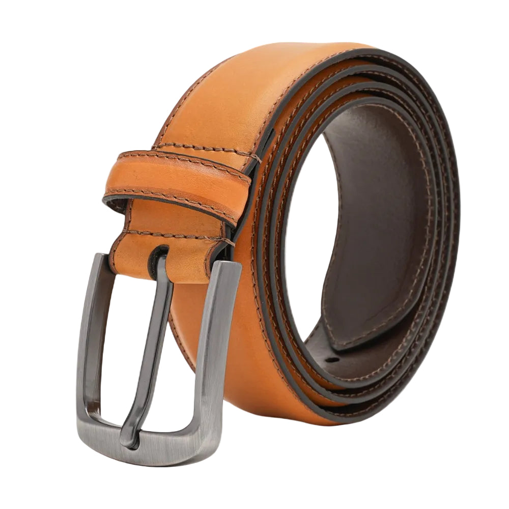 Classic Double-Stitch Full-Grain Leather Single Prong Buckle Men's Belt