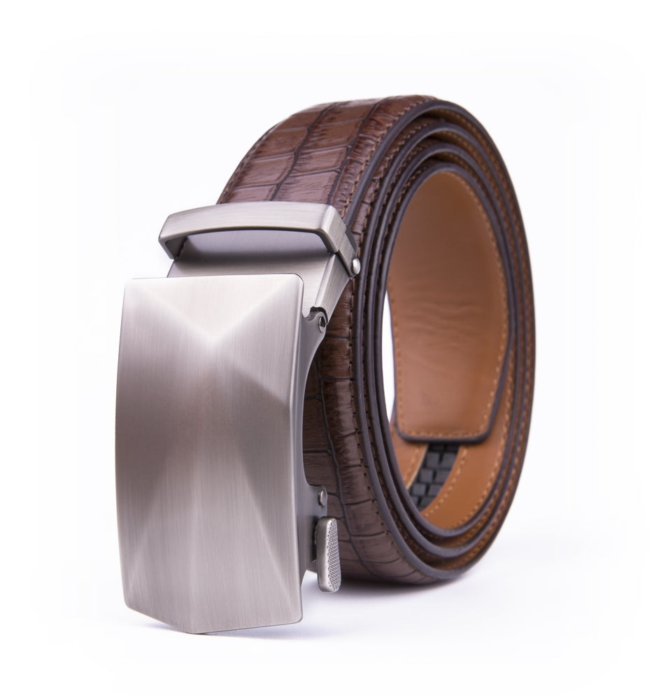 Geometric Cut Brushed Automatic Buckle Crocodile Texture Men's Belt