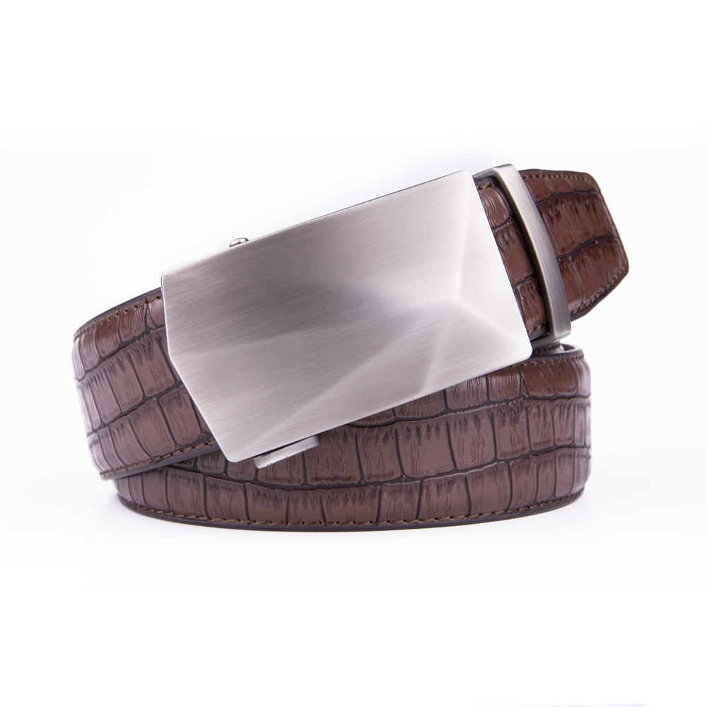 Geometric Cut Brushed Automatic Buckle Crocodile Texture Men's Belt