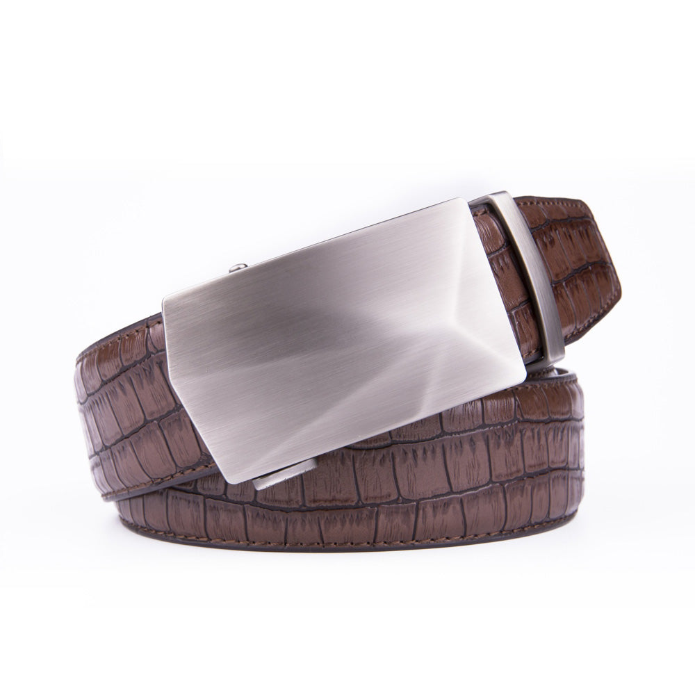Geometric Cut Brushed Ratchet Buckle Crocodile Texture Men's Belt
