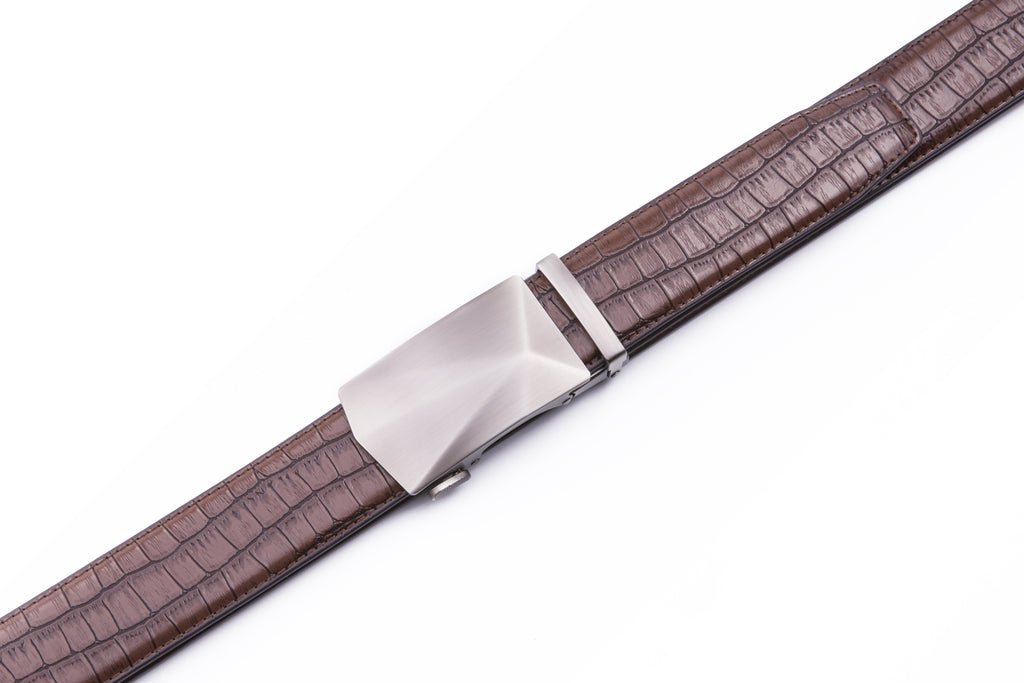 Geometric Cut Brushed Automatic Buckle Crocodile Texture Men's Belt