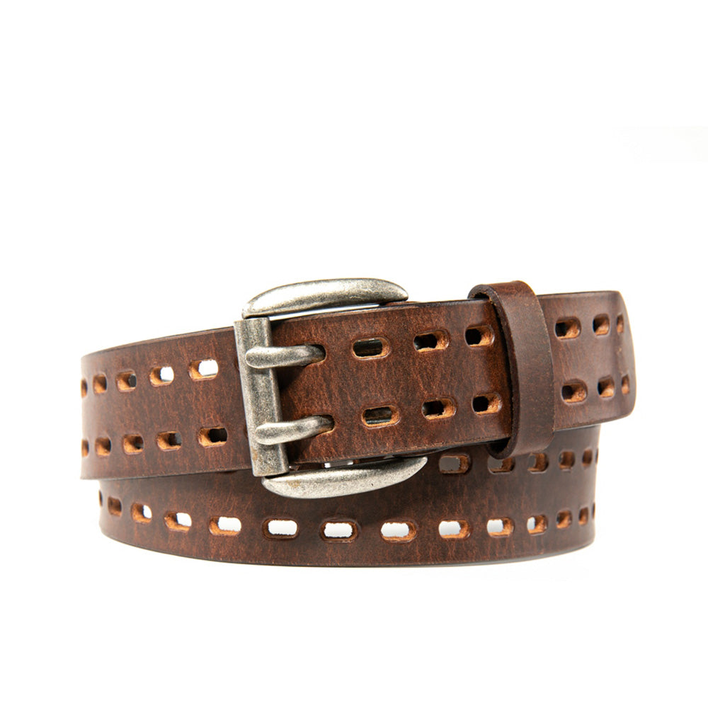 Men's Full Grain Leather Belt Strap – Vintage Double Prong Casual Belt for Jeans & Everyday Wear - Brown Main image