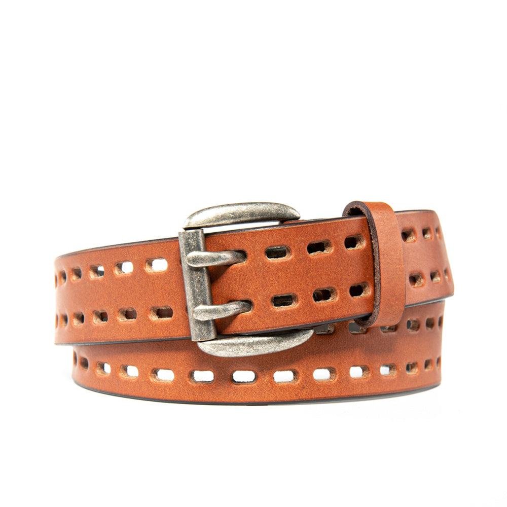 Men's Full Grain Leather Belt Strap – Vintage Double Prong Casual Belt for Jeans & Everyday Wear - Cognac Main image