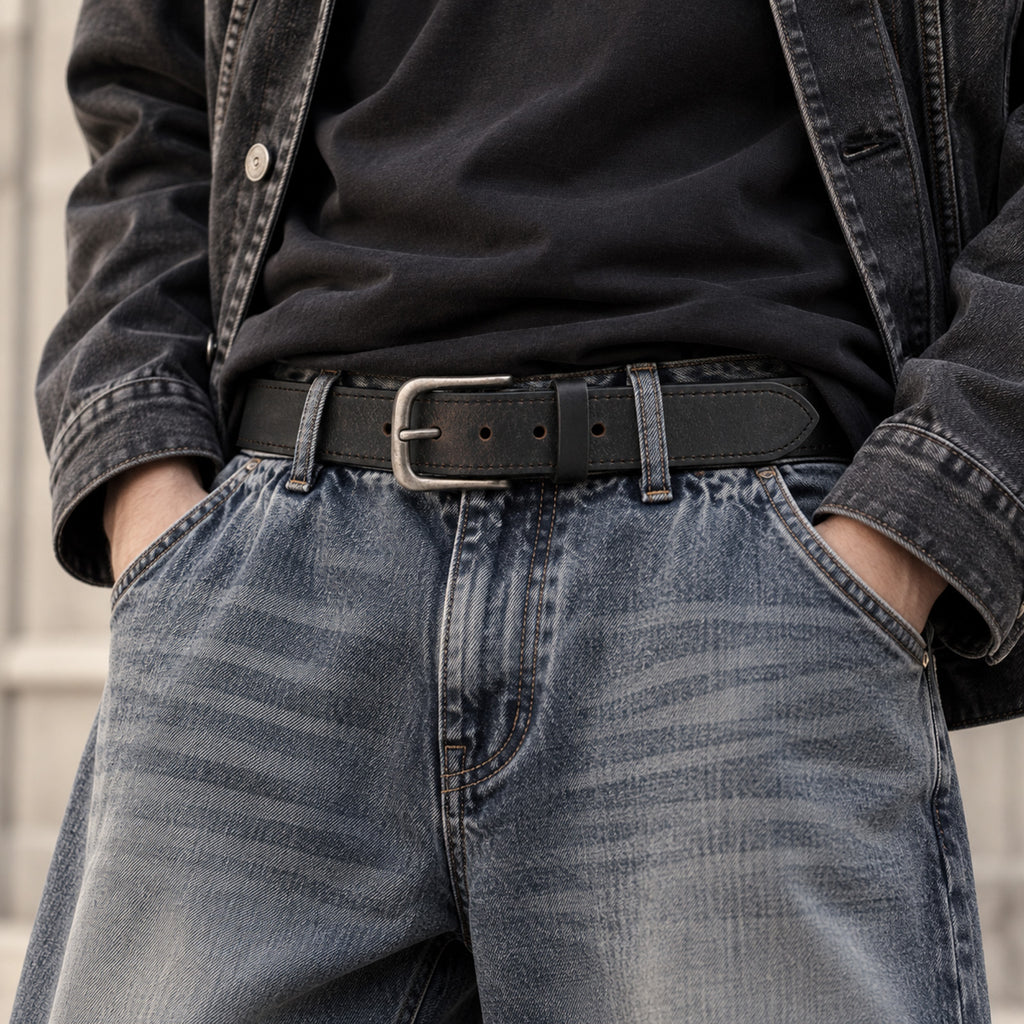 Vintage Full Grain Leather Belt for Men – Distressed Casual Jean Belt with Antique Buckle