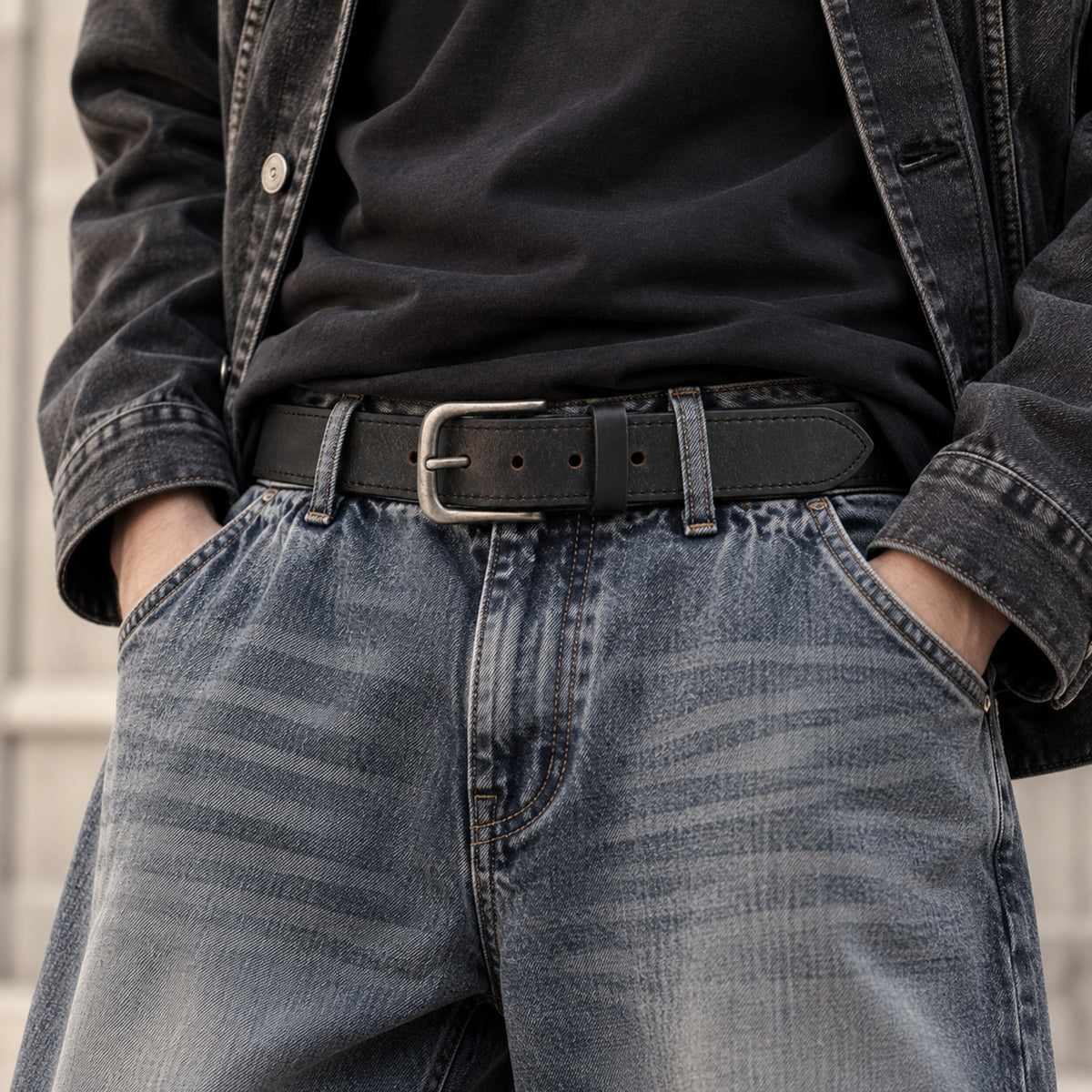 Vintage Full Grain Leather Belt for Men – Distressed Casual Jean Belt with Antique Buckle
