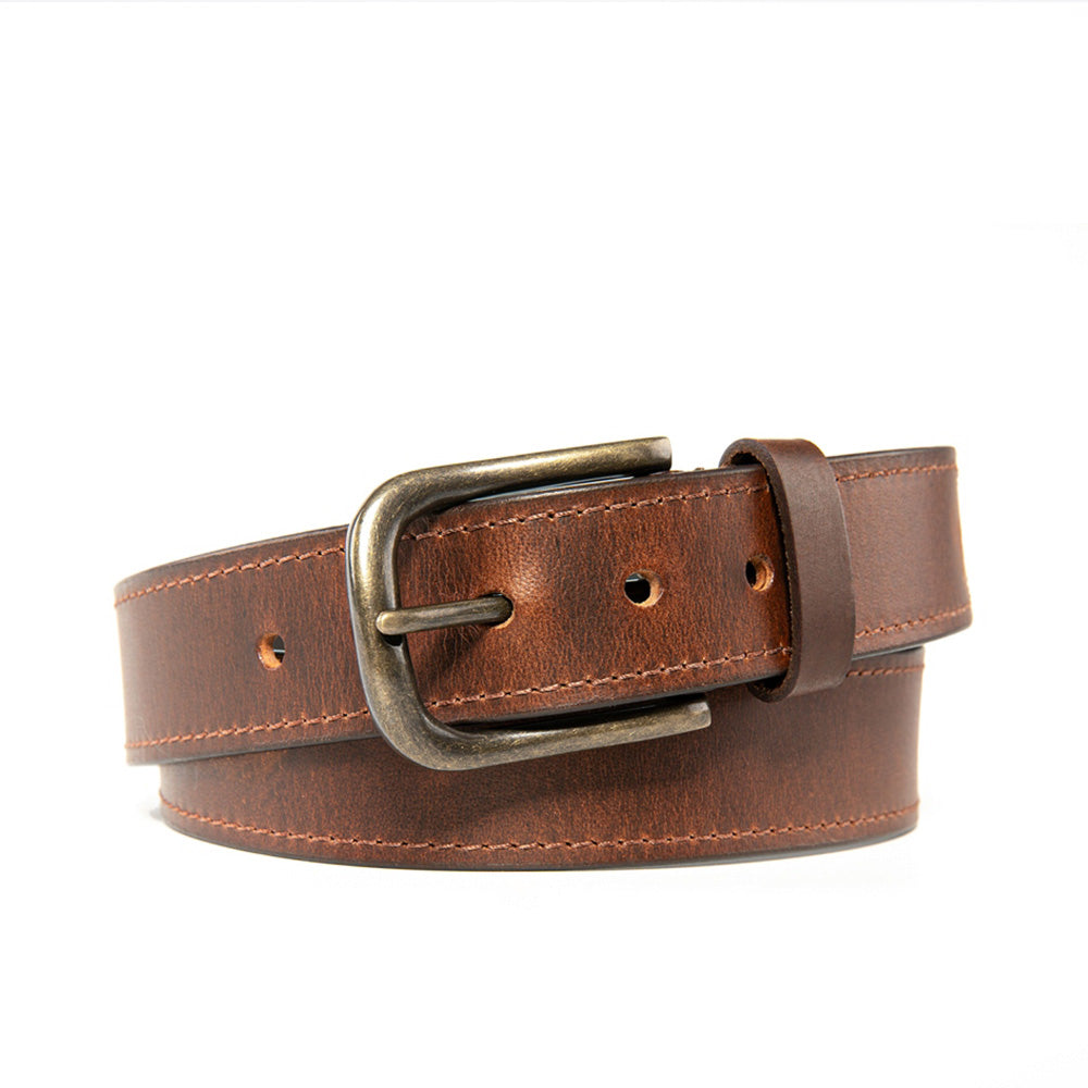 Vintage Full Grain Leather Belt for Men – Distressed Casual Jean Belt with Antique Buckle