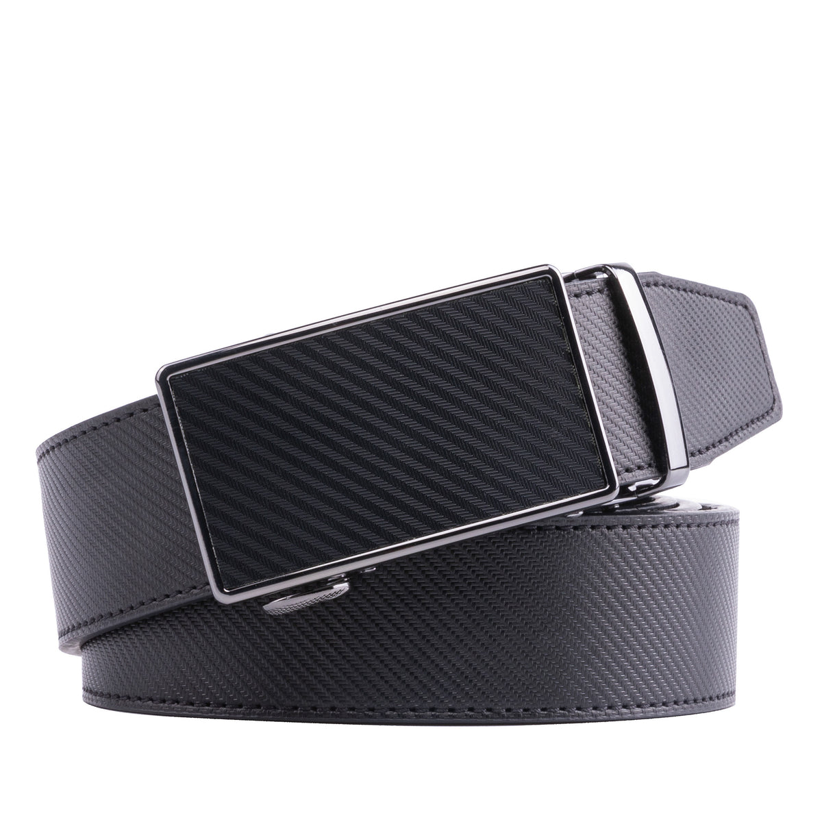 Black leather belt with rectangular gunmetal ratchet buckle and fine textured strap Main image