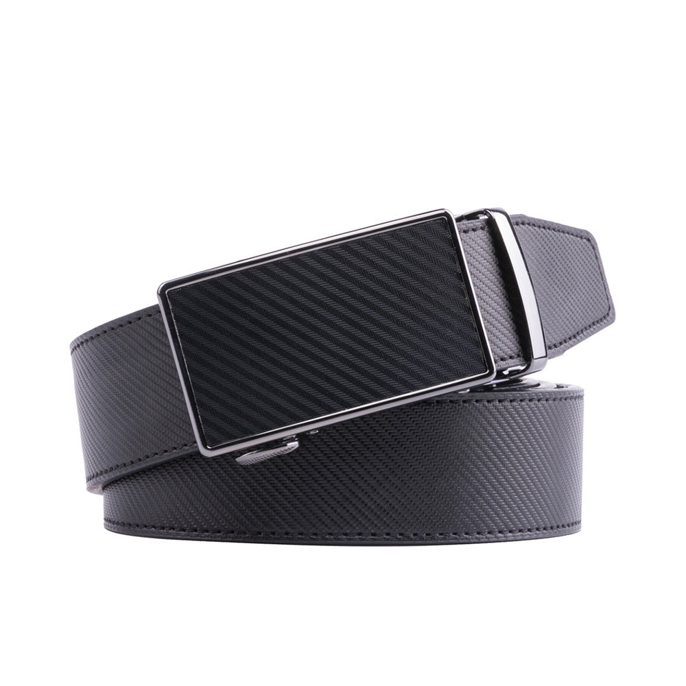 Black leather belt with rectangular gunmetal ratchet buckle and fine textured strap