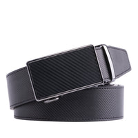 Black leather belt with rectangular gunmetal ratchet buckle and fine textured strap