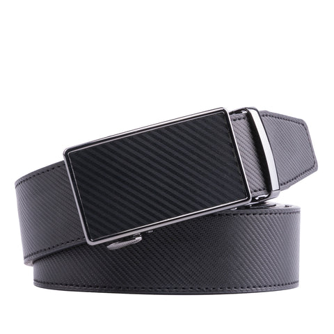 Black leather belt with rectangular gunmetal ratchet buckle and fine textured strap