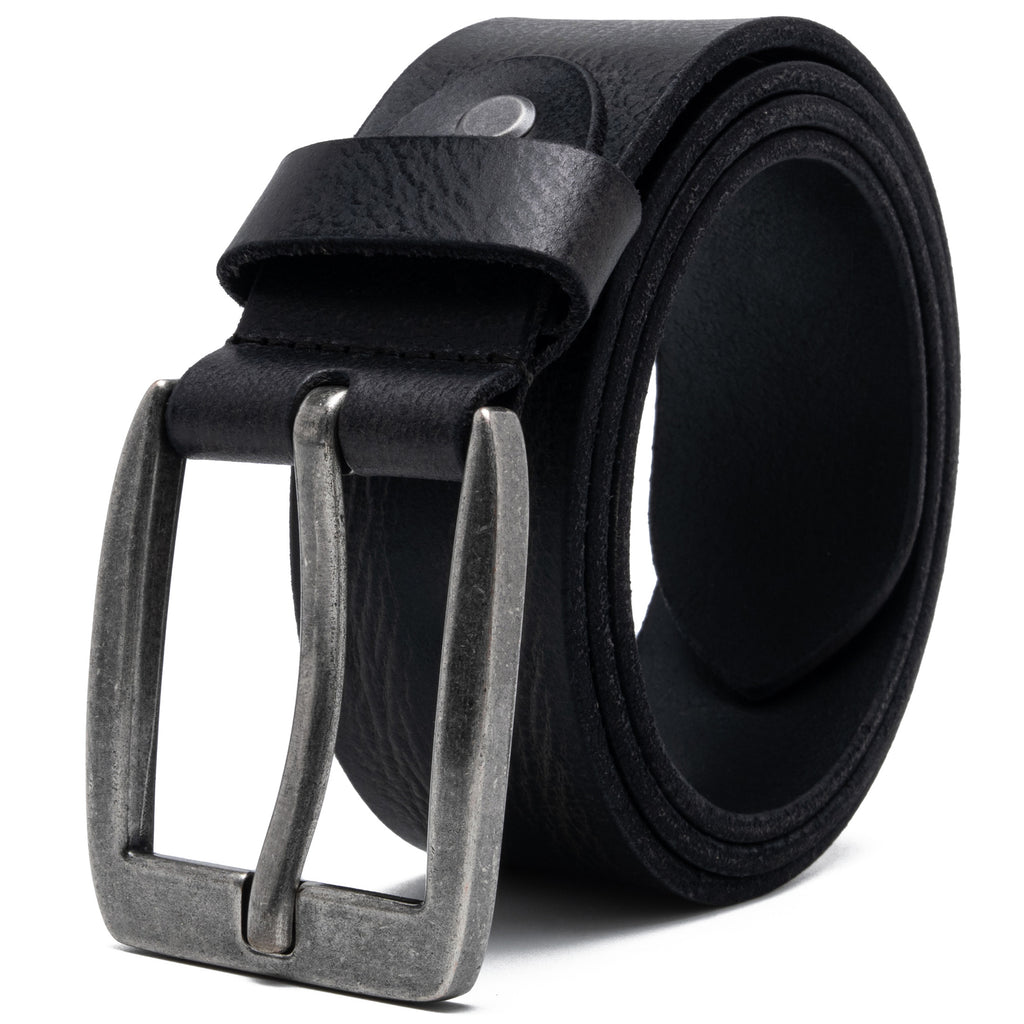 Black full grain leather belt coiled with a square antique-silver single-prong buckle