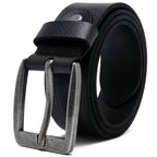 Black full grain leather belt coiled with a square antique-silver single-prong buckle