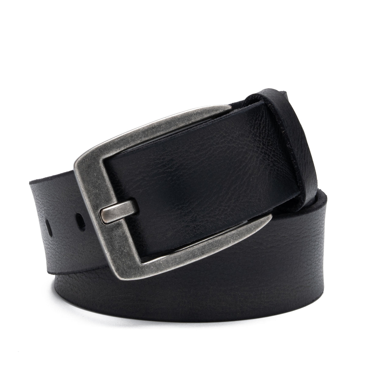 Angled black leather belt with square antique-silver buckle and visible adjustment holes Main image