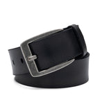 Angled black leather belt with square antique-silver buckle and visible adjustment holes