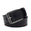 Angled black leather belt with square antique-silver buckle and visible adjustment holes
