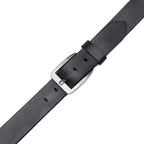 Close view of black leather belt buckle, fixed keeper, pointed tip, and adjustment holes