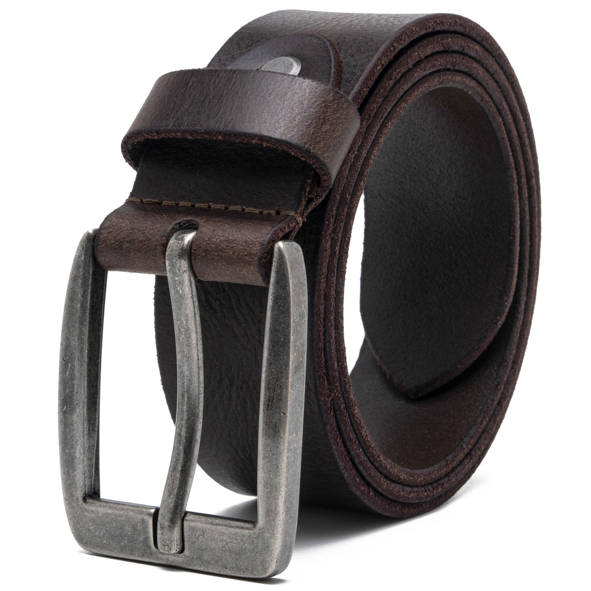 Brown full grain leather belt coiled with a square antique-silver single-prong buckle