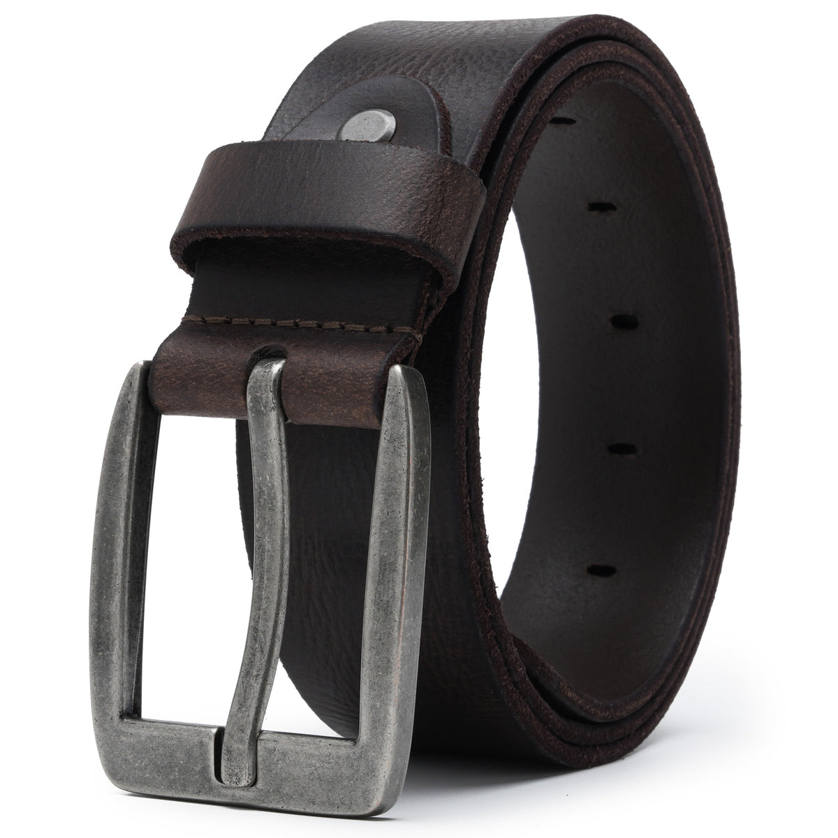 Men’s Full-Grain Leather Belt with Antique-Silver Square Buckle