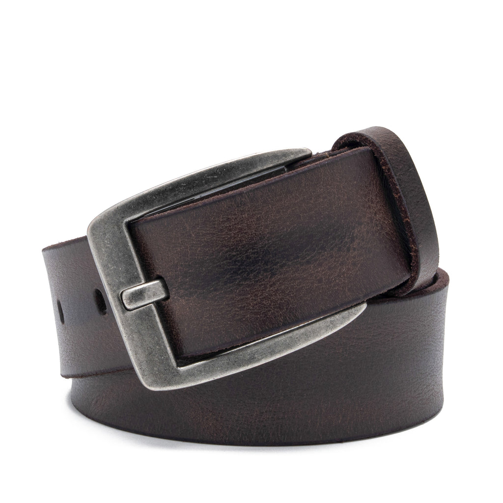Angled brown leather belt with square antique-silver buckle and visible adjustment holes