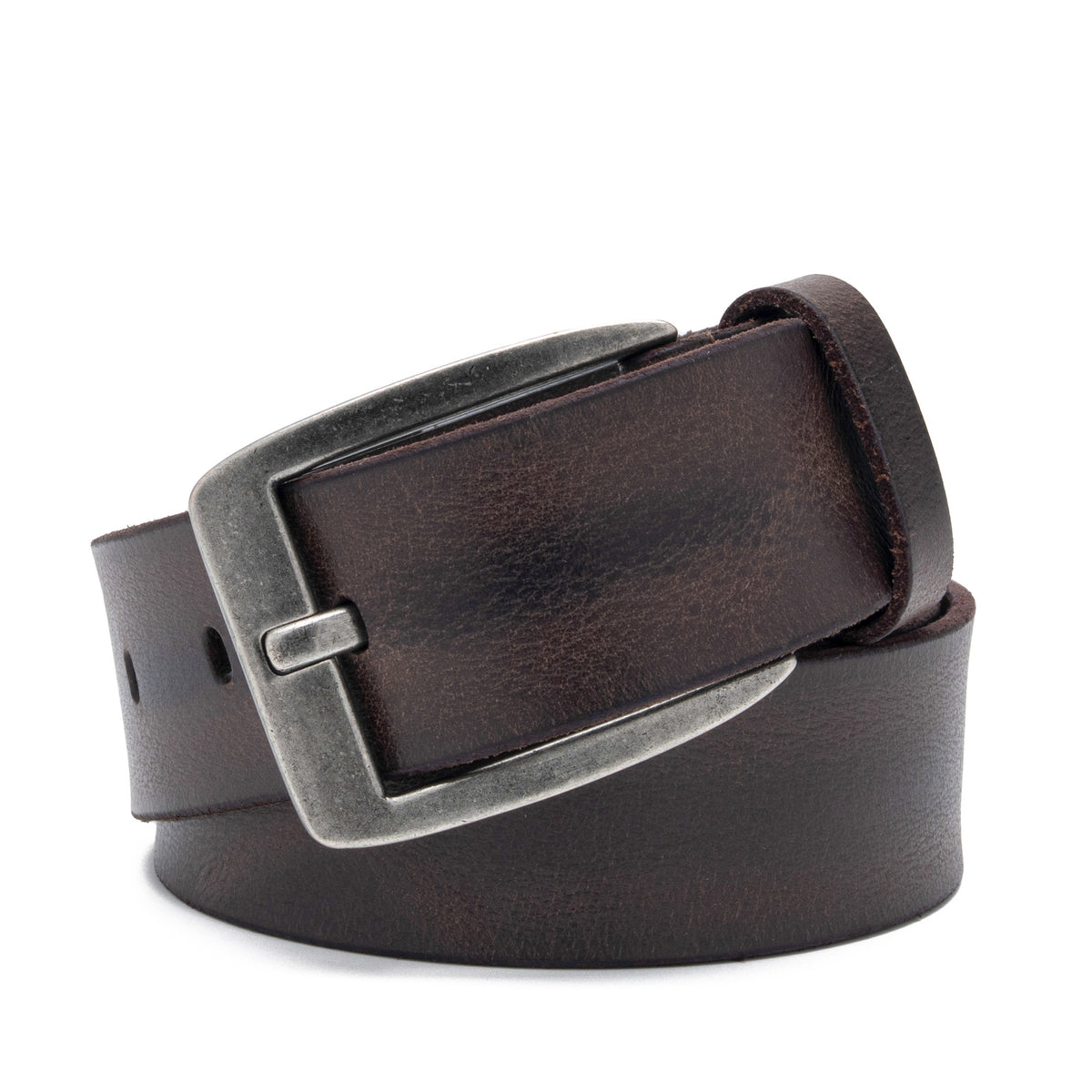 Angled brown leather belt with square antique-silver buckle and visible adjustment holes