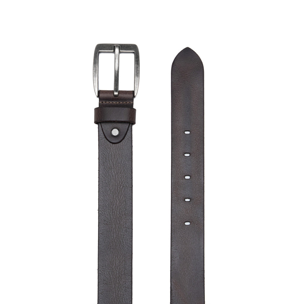 Brown leather belt laid flat with square single-prong buckle and five adjustment holes