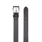 Brown leather belt laid flat with square single-prong buckle and five adjustment holes