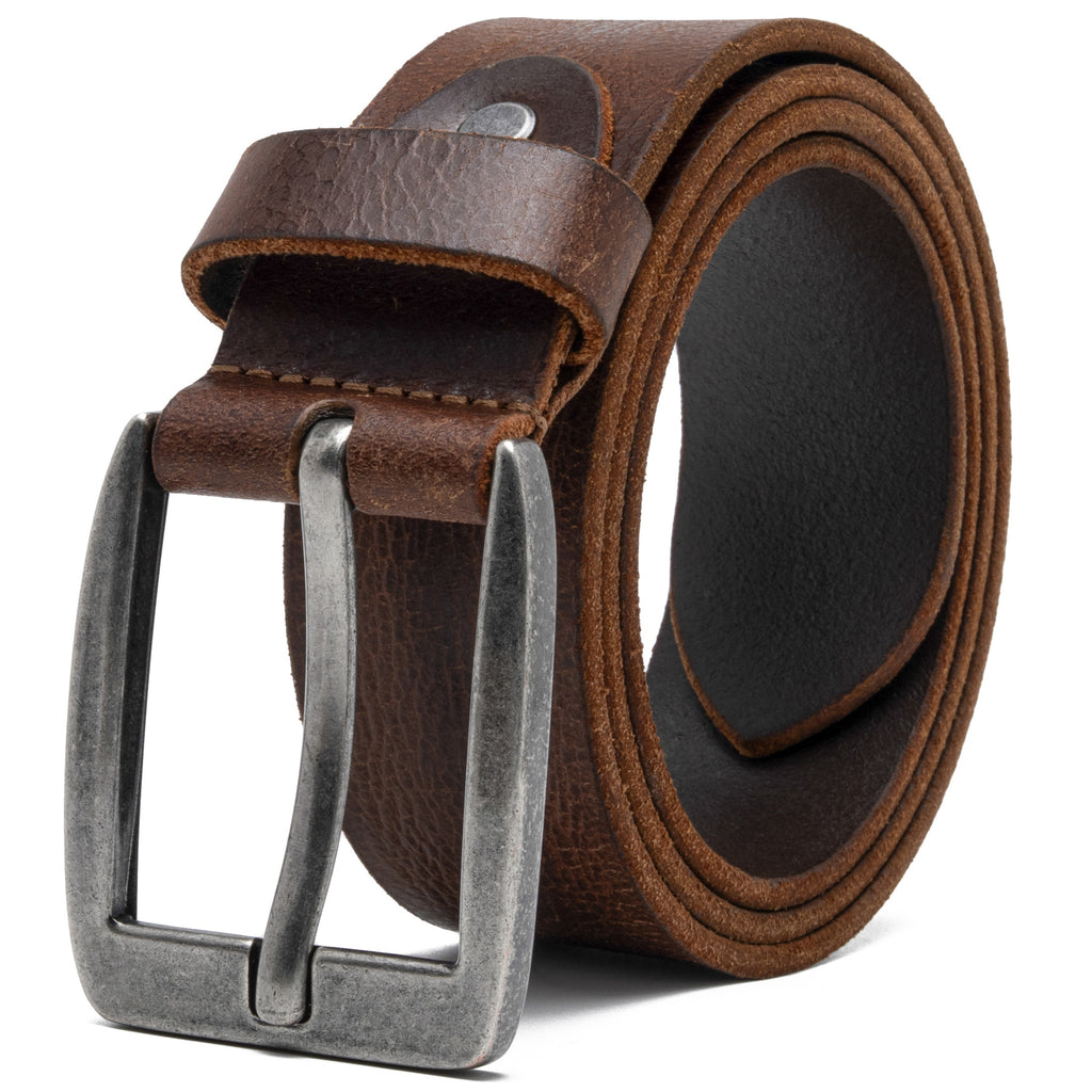 Cognac full grain leather belt coiled with a square antique-silver single-prong buckle