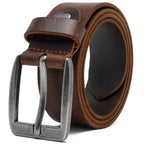 Cognac full grain leather belt coiled with a square antique-silver single-prong buckle