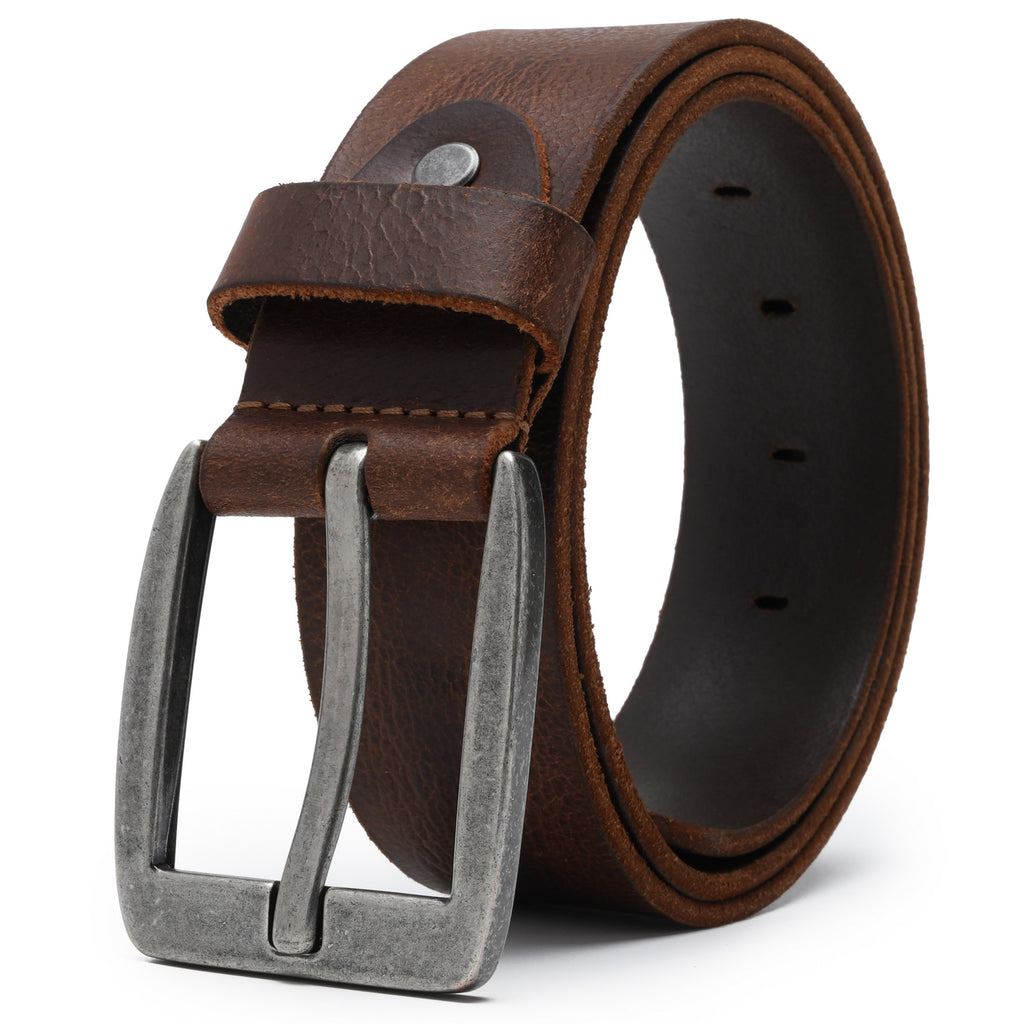 Men’s Full-Grain Leather Belt with Antique-Silver Square Buckle