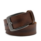 Angled cognac leather belt with square antique-silver buckle and visible adjustment holes
