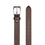 Cognac leather belt laid flat with square single-prong buckle and five adjustment holes
