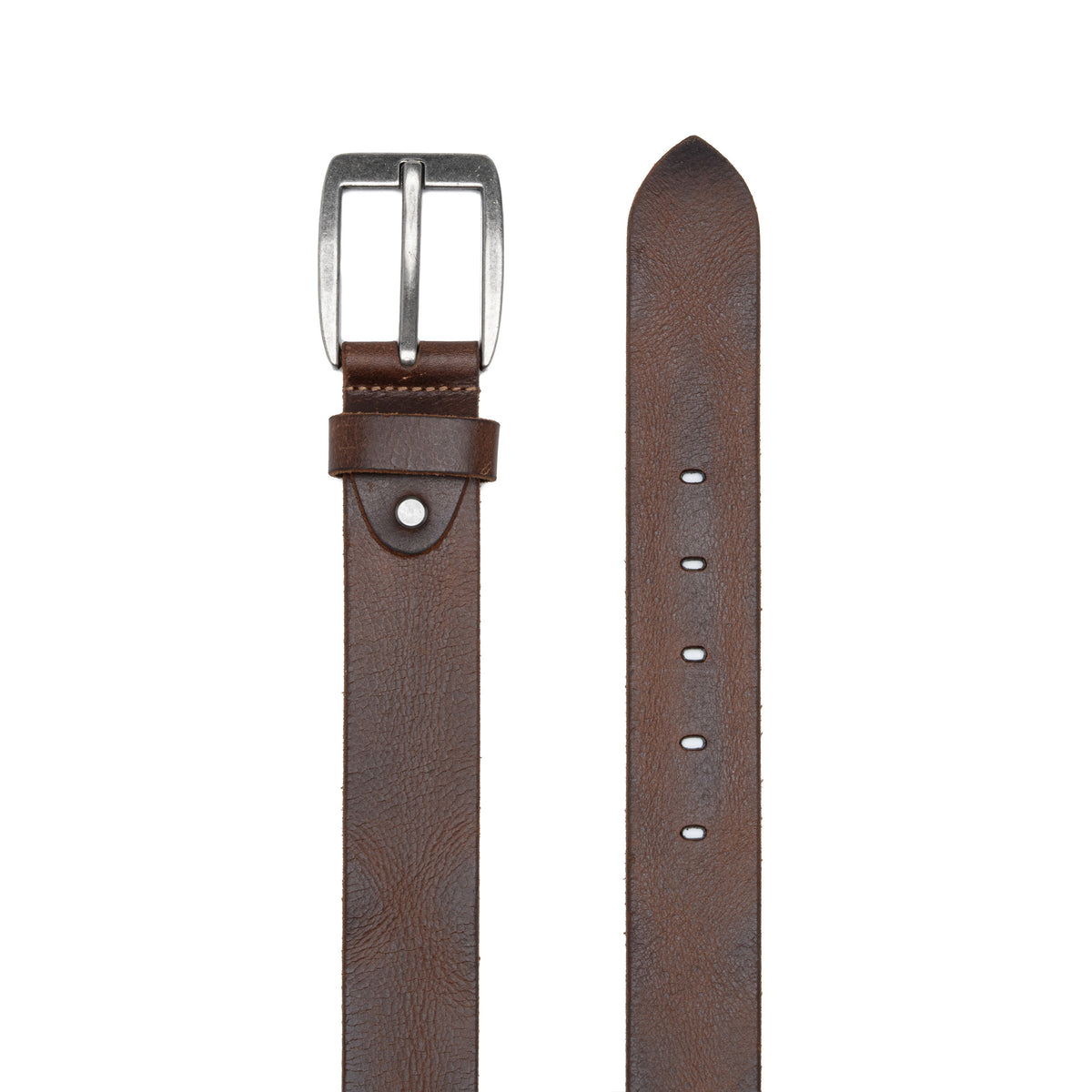 Cognac leather belt laid flat with square single-prong buckle and five adjustment holes