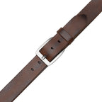 Close view of cognac leather belt buckle, fixed keeper, pointed tip, and adjustment holes