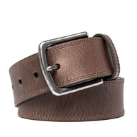 Coiled tobacco belt showing the buckle, fixed loop, and stitched strap edges