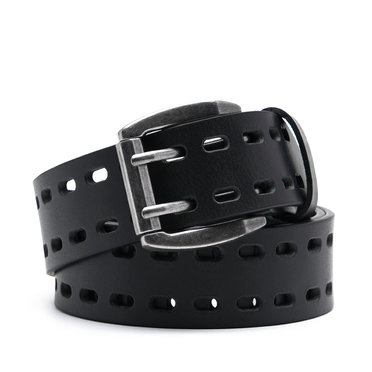 Black full-grain leather belt coiled around an antiqued double-prong buckle Main image